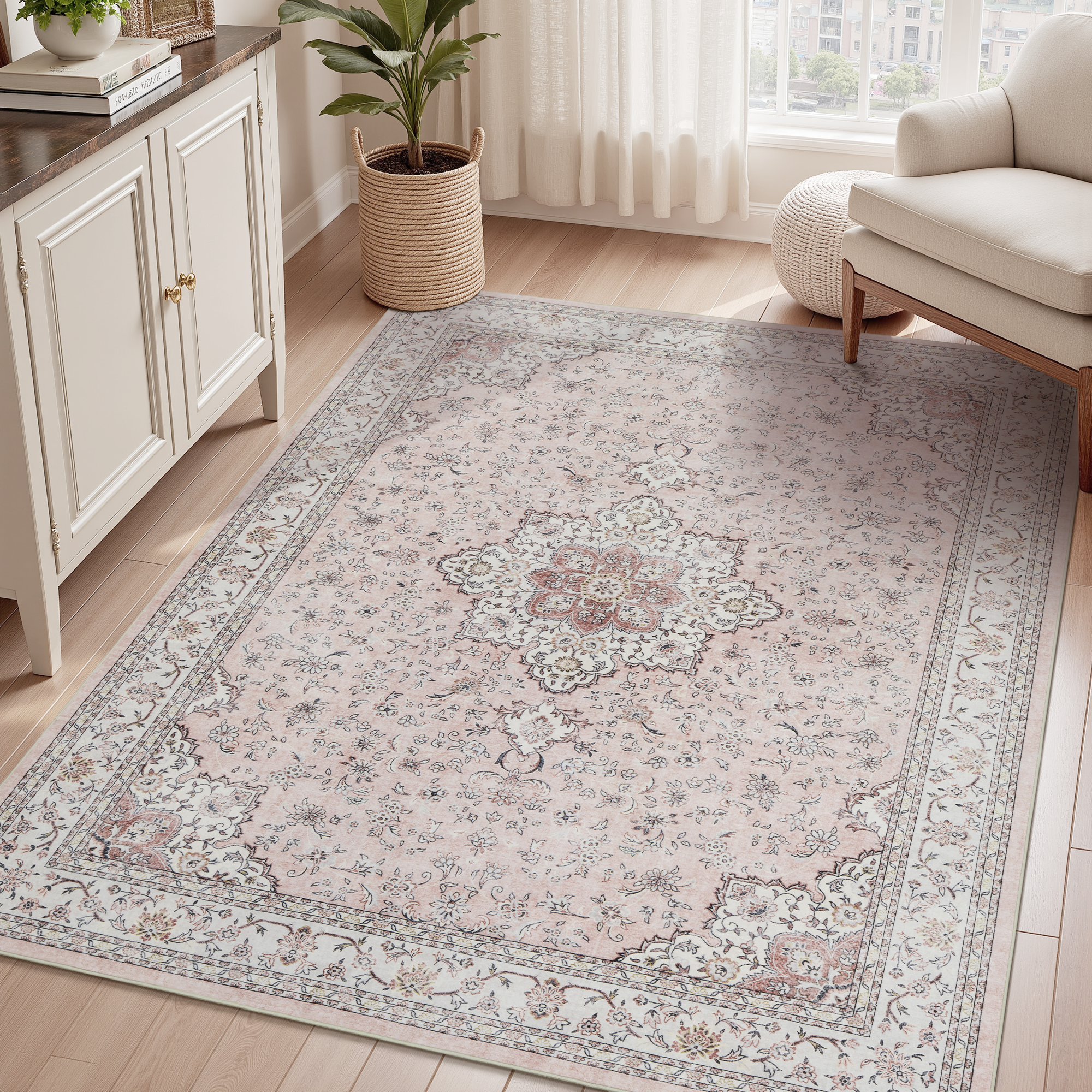 MontVoo Pink Floral Washable Area Rug