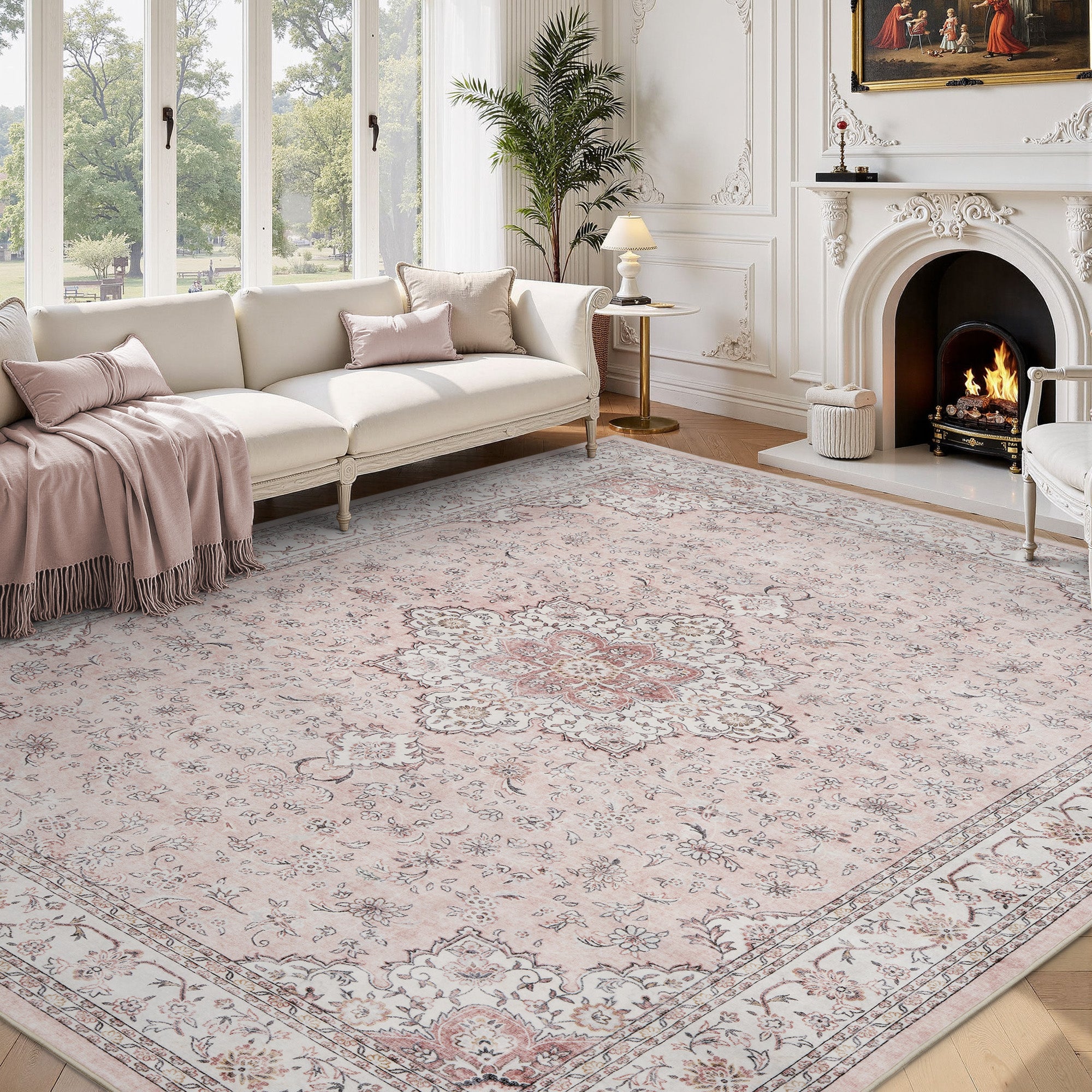 MontVoo Pink Floral Washable Area Rug