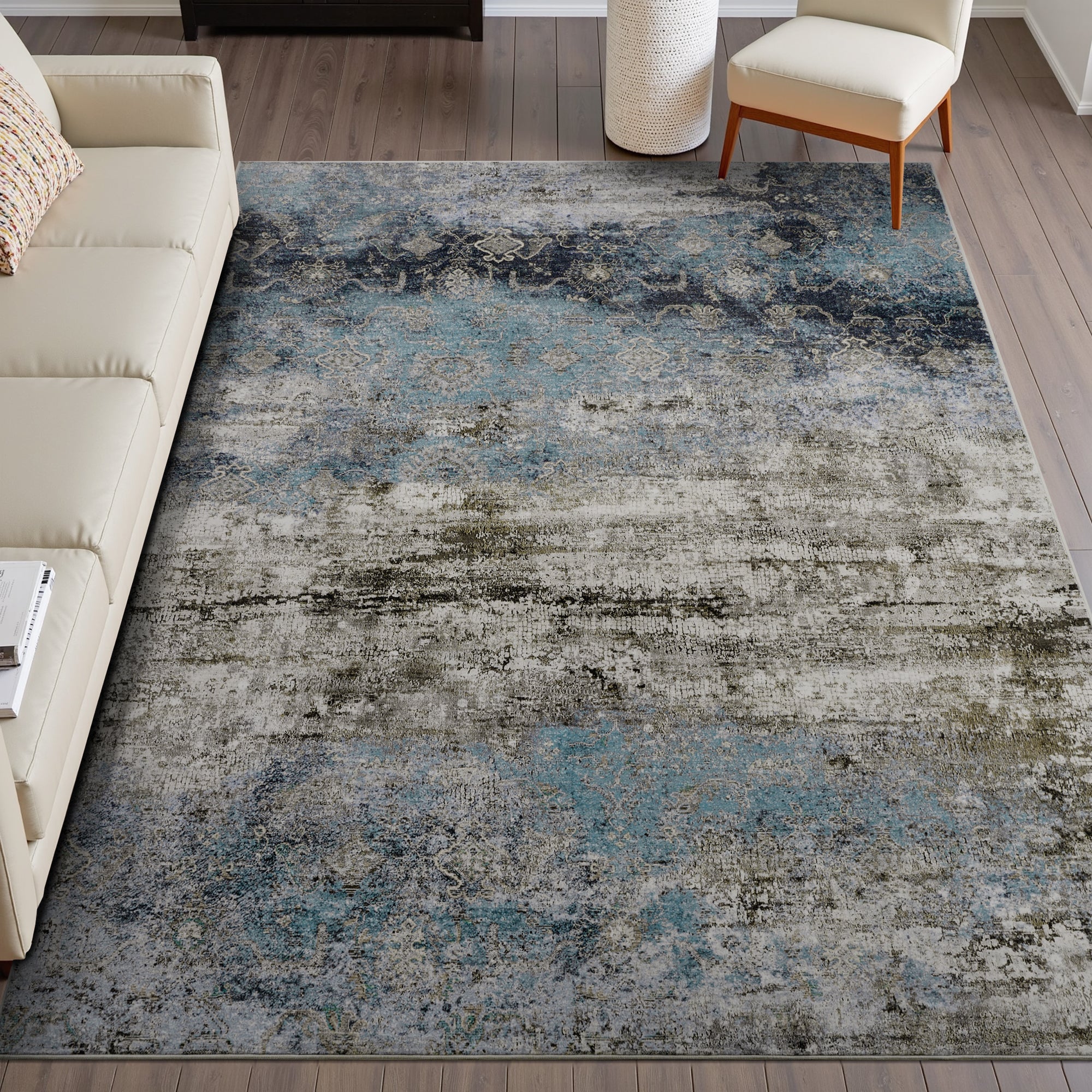 MontVoo Teal Abstract Pattern Washable Rug