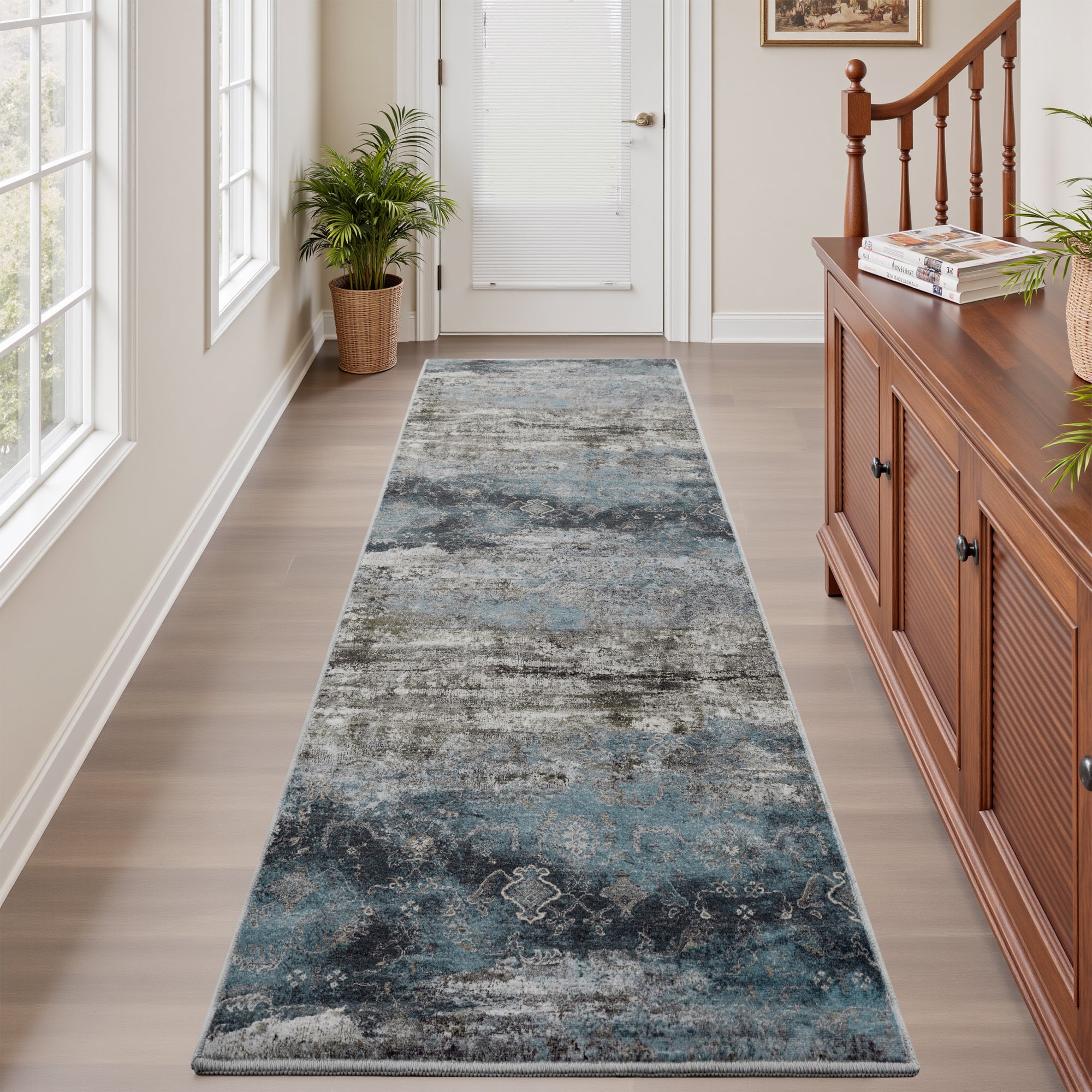 MontVoo Teal Abstract Pattern Washable Rug