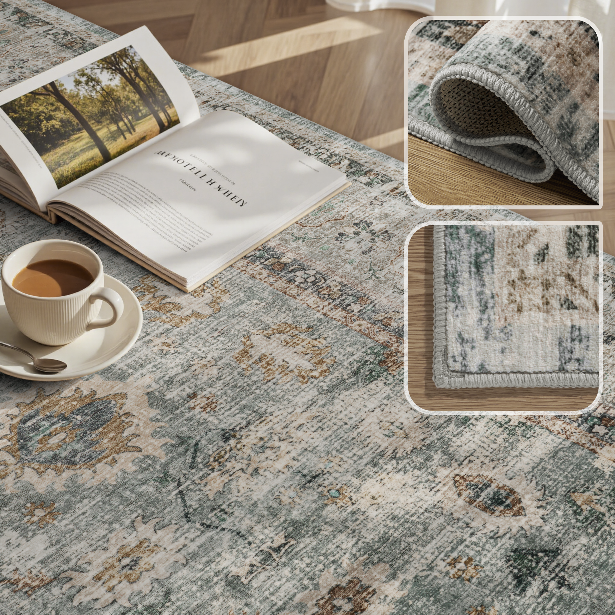 MontVoo Washable Vintage Distressed Oriental Area Rug Green