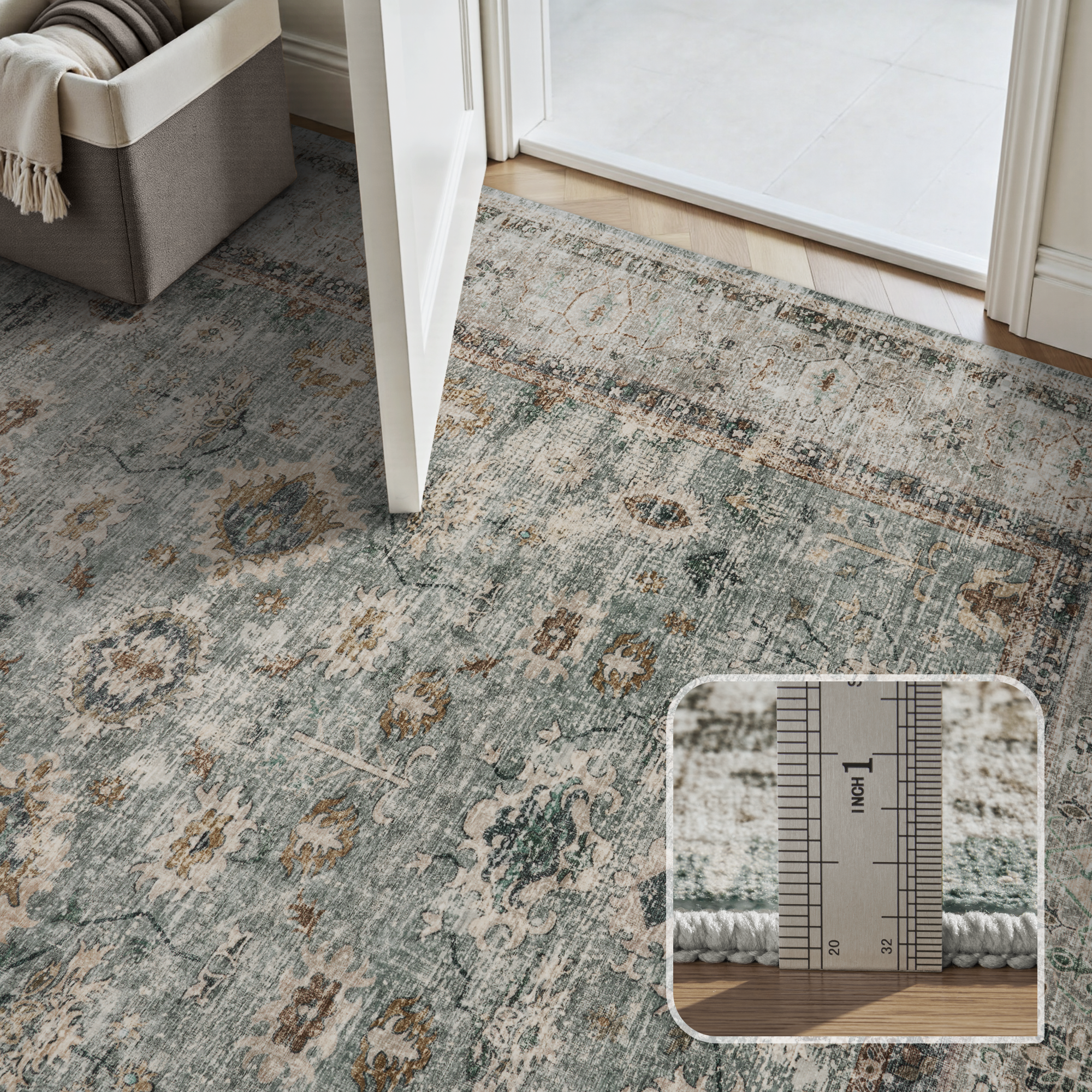 MontVoo Washable Vintage Distressed Oriental Area Rug Green