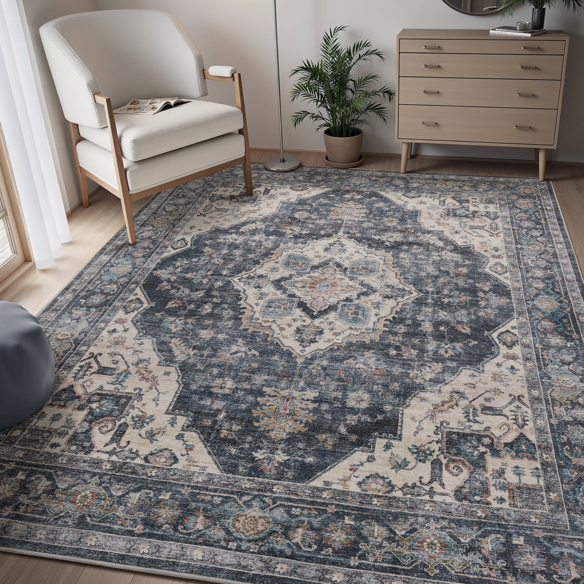 Alfombra oriental lavable a máquina MontVoo azul marino
