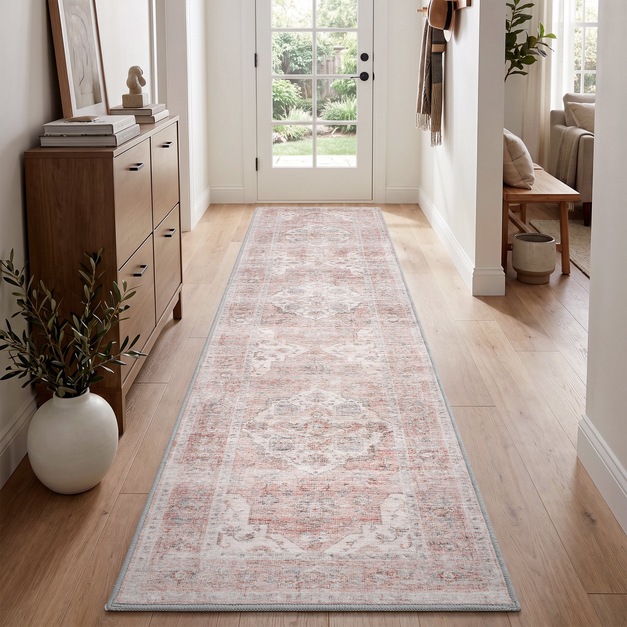 Alfombra con medallón antideslizante lavable a máquina MontVoo, color rosa