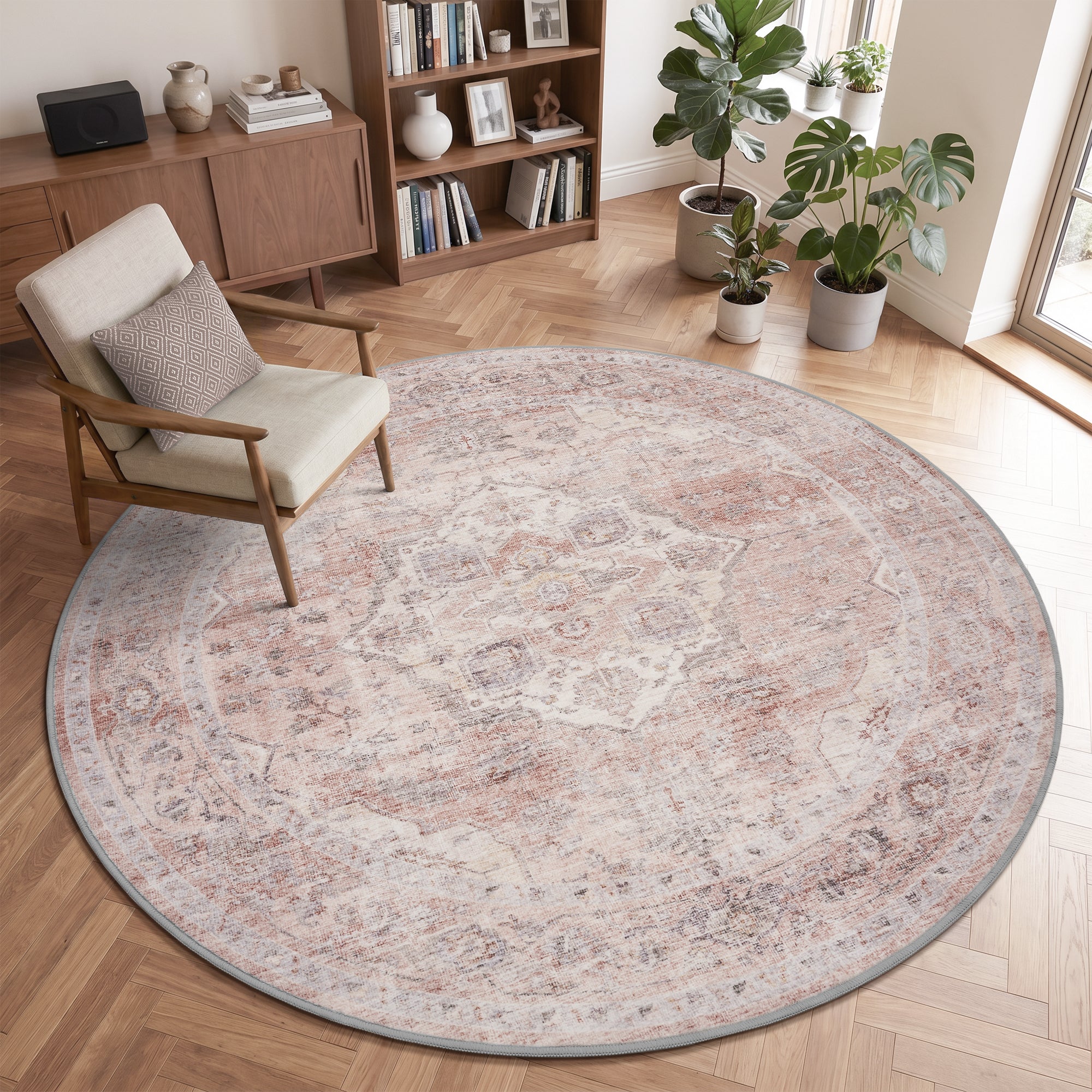 Alfombra con medallón antideslizante lavable a máquina MontVoo, color rosa