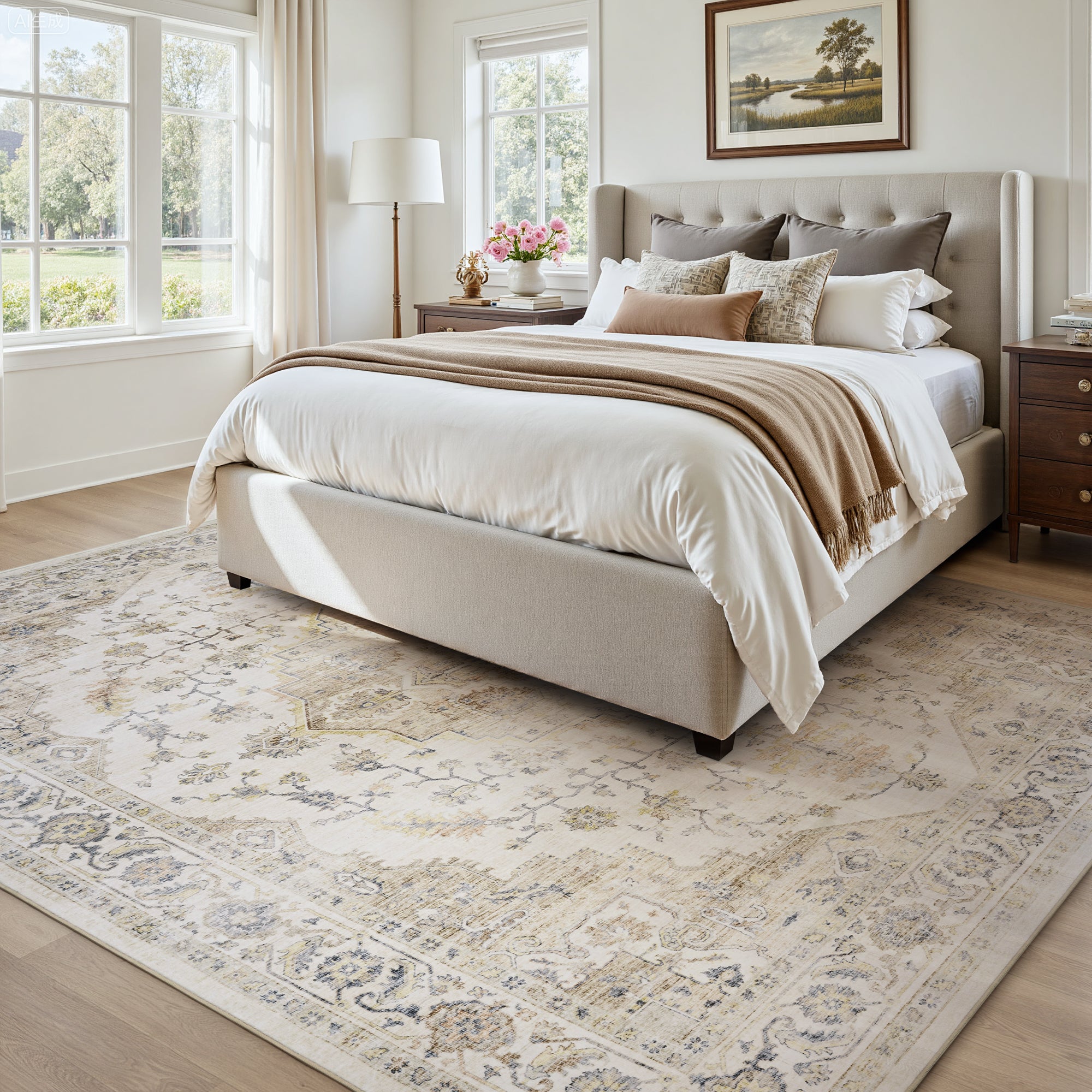 MontVoo Vintage Medallion Non-Slip Washable Rug Beige