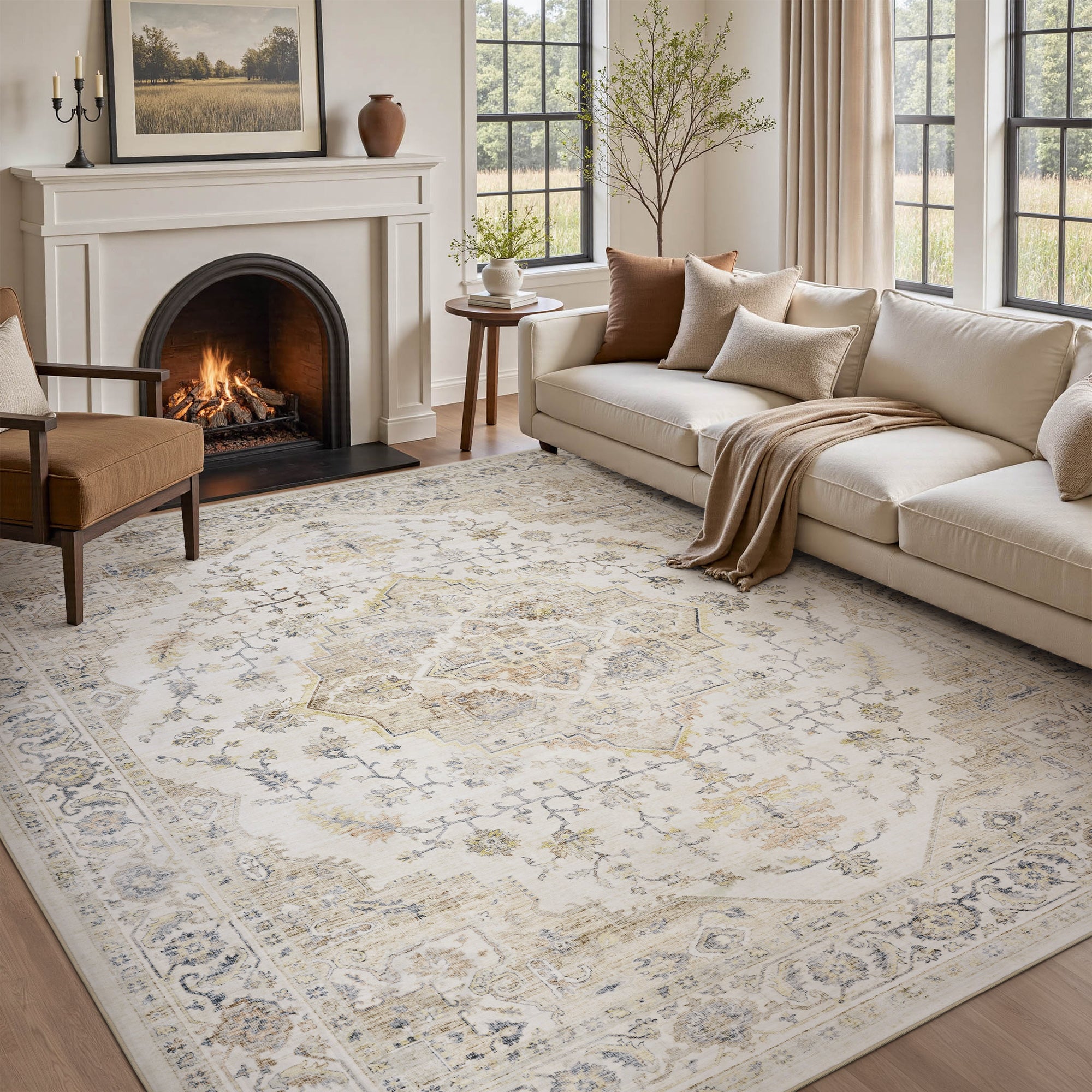 MontVoo Vintage Medallion Non-Slip Washable Rug Beige