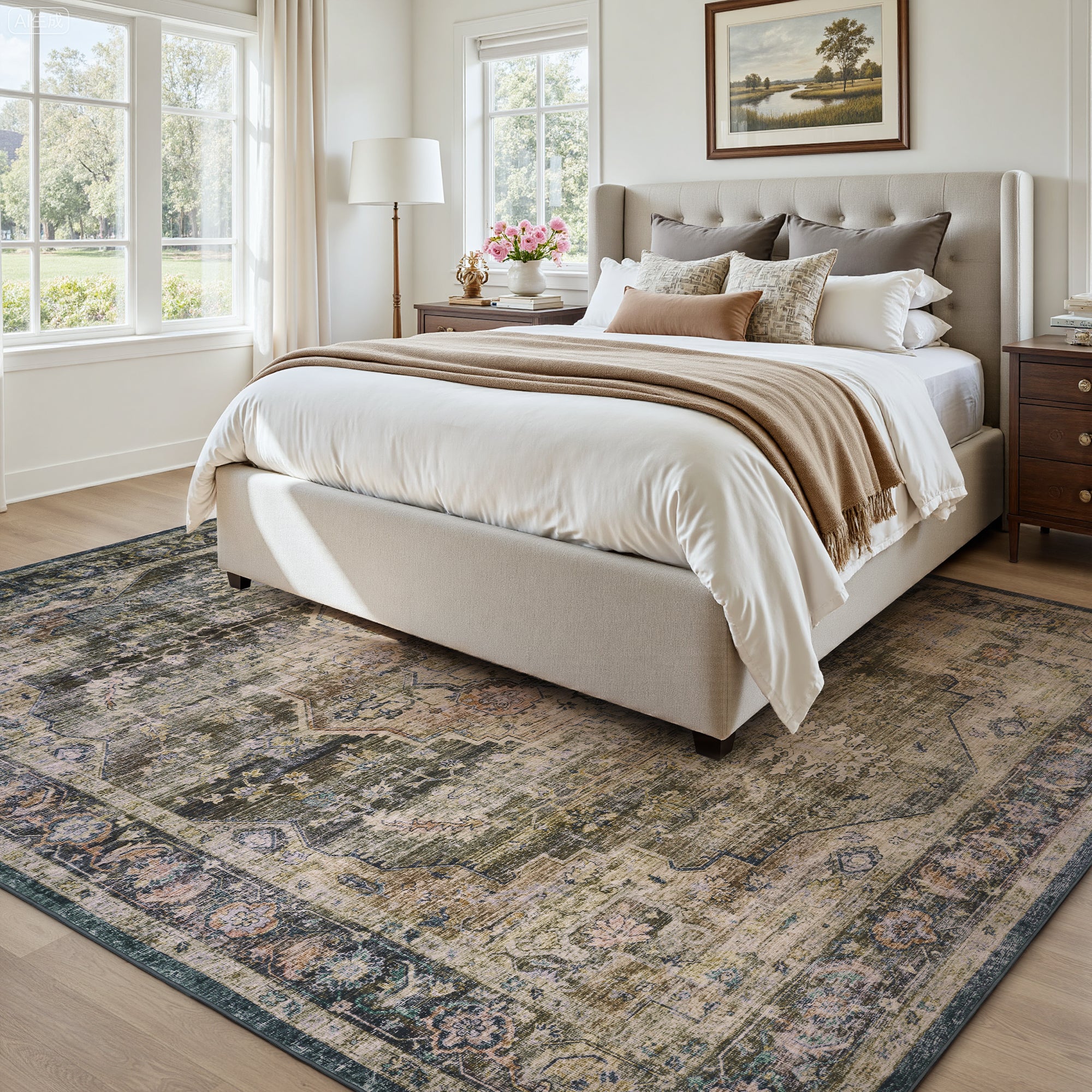 MontVoo Vintage Medallion Non-Slip Washable Rug Brown
