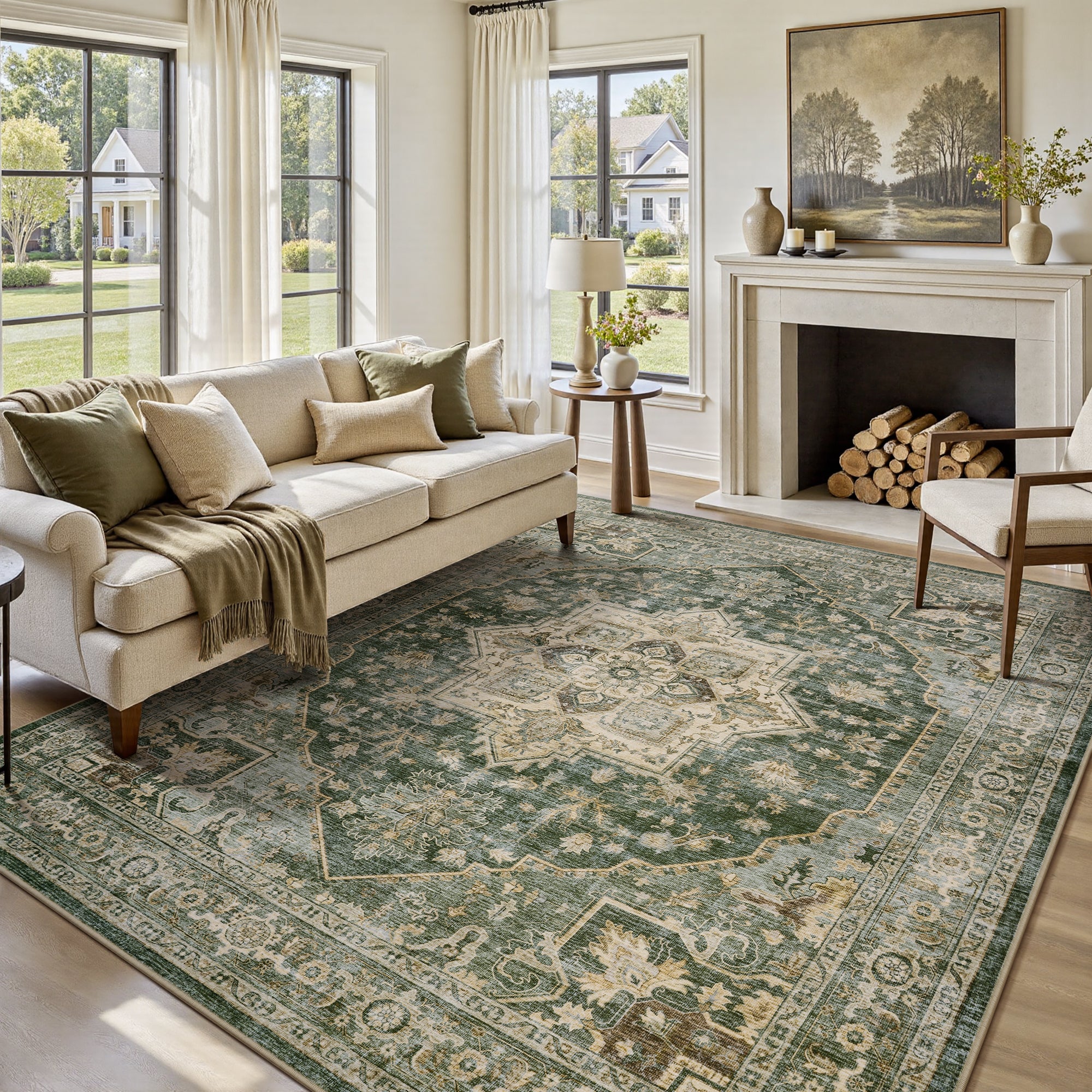 MontVoo Soft Medallion Washable Rug Green