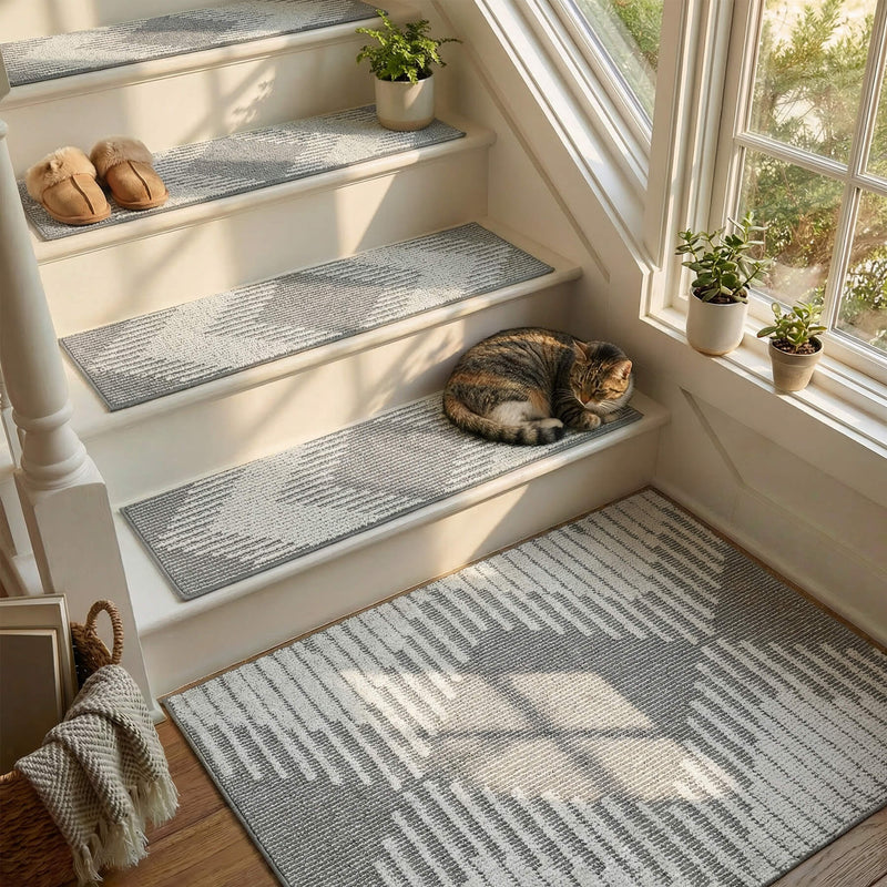 Cat enjoys time on a stair with soft stair treads.
