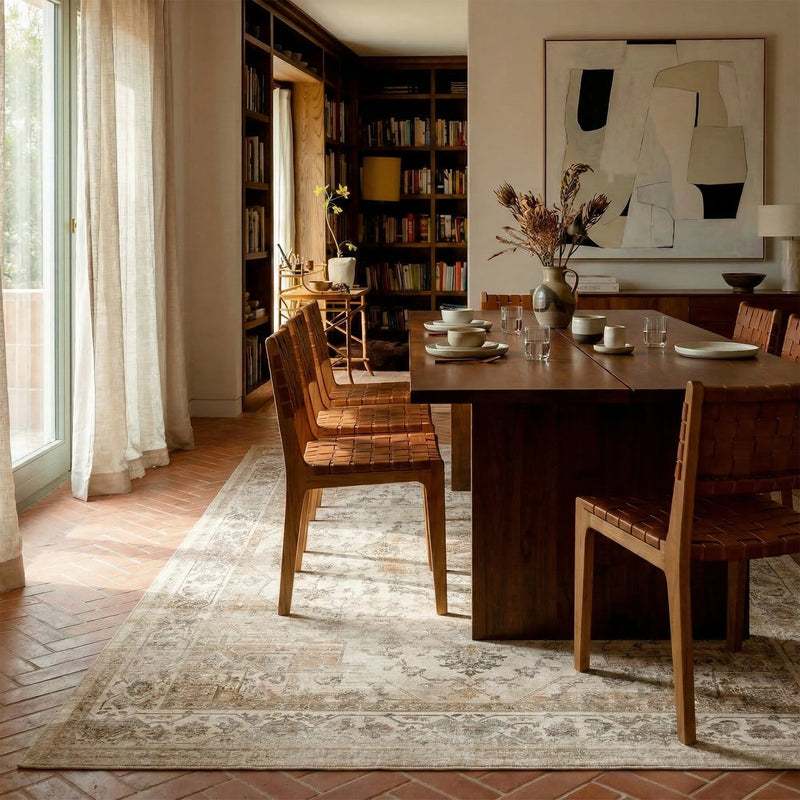A modern kitchen with soft area rug