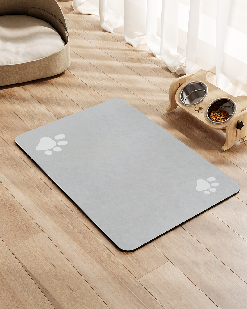 Absorbent dog bowl mat suitable for indoor feeding spaces