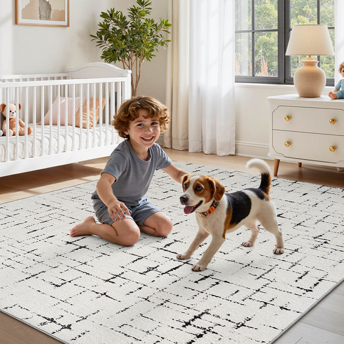 This modern line area rug is made for the family room with machine washable care, non slip backing, and a soft feel underfoot.