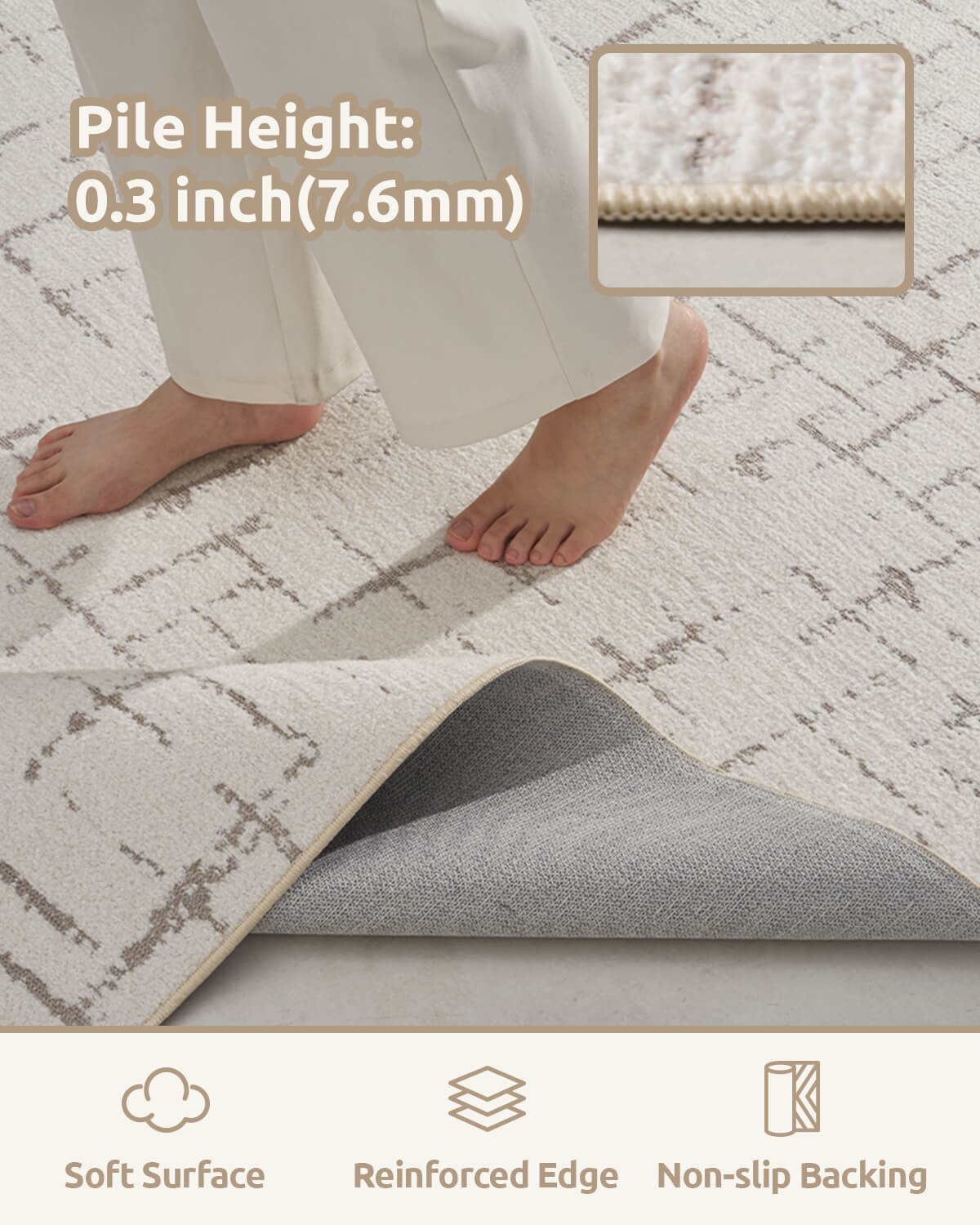 This modern linear area rug brings a cozy modern touch to the home with non slip backing and a soft surface for family comfort.