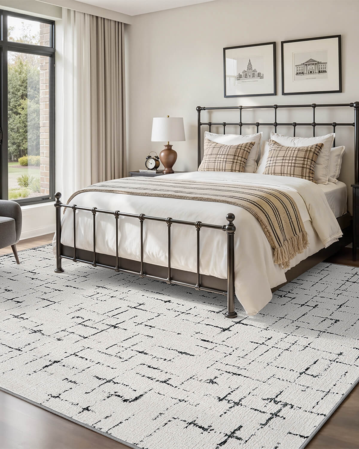 This abstract line area rug fits naturally in the living room or bedroom with a pet friendly surface and soft texture for everyday comfort.