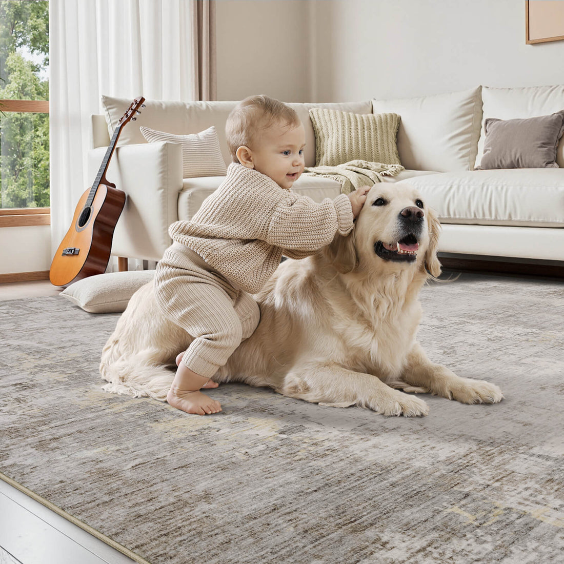 Abstract modern area rug supporting balanced and harmonious room design