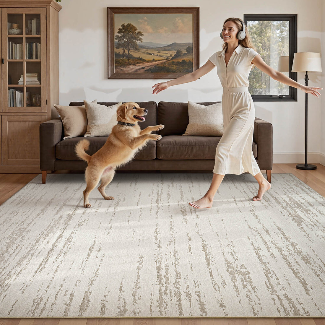 Abstract linear rug combining soft comfort and durability for family lifestyle