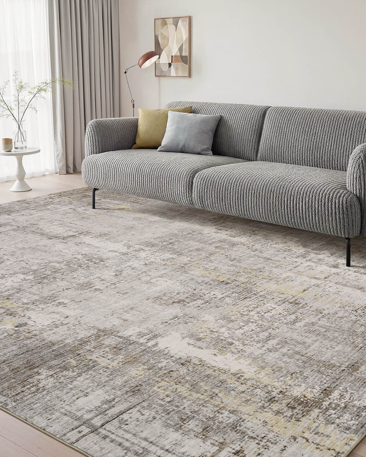 Abstract linear area rug designed for modern open living spaces