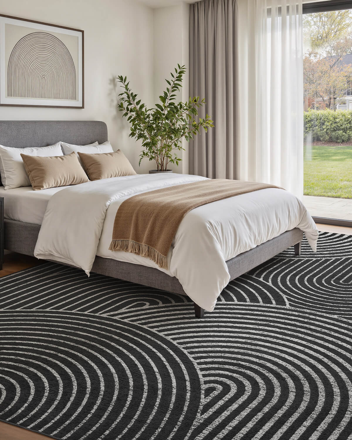 Abstract linear area rug enhancing stylish modern living room spaces