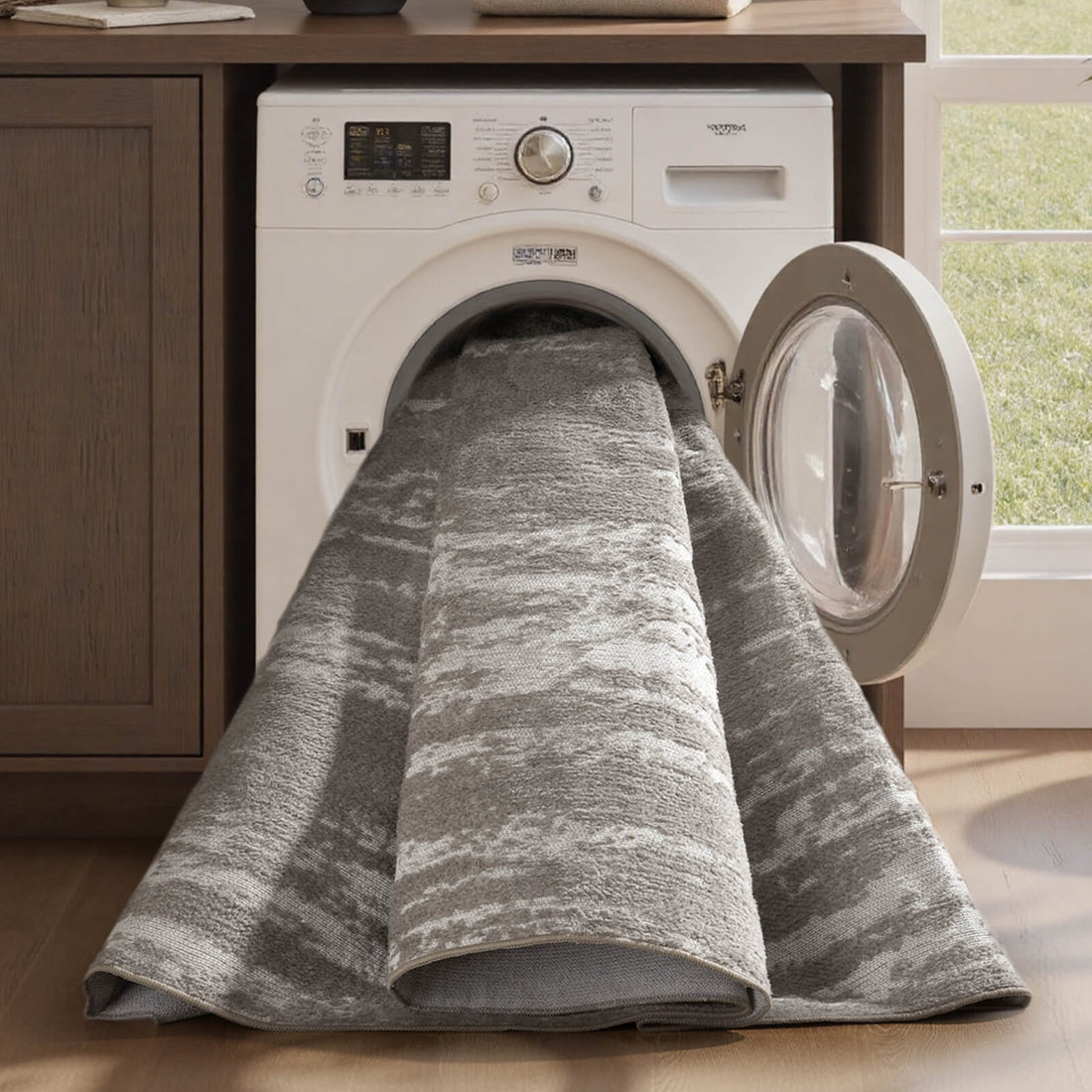 Abstract linear rug offering soft comfort for cozy living spaces