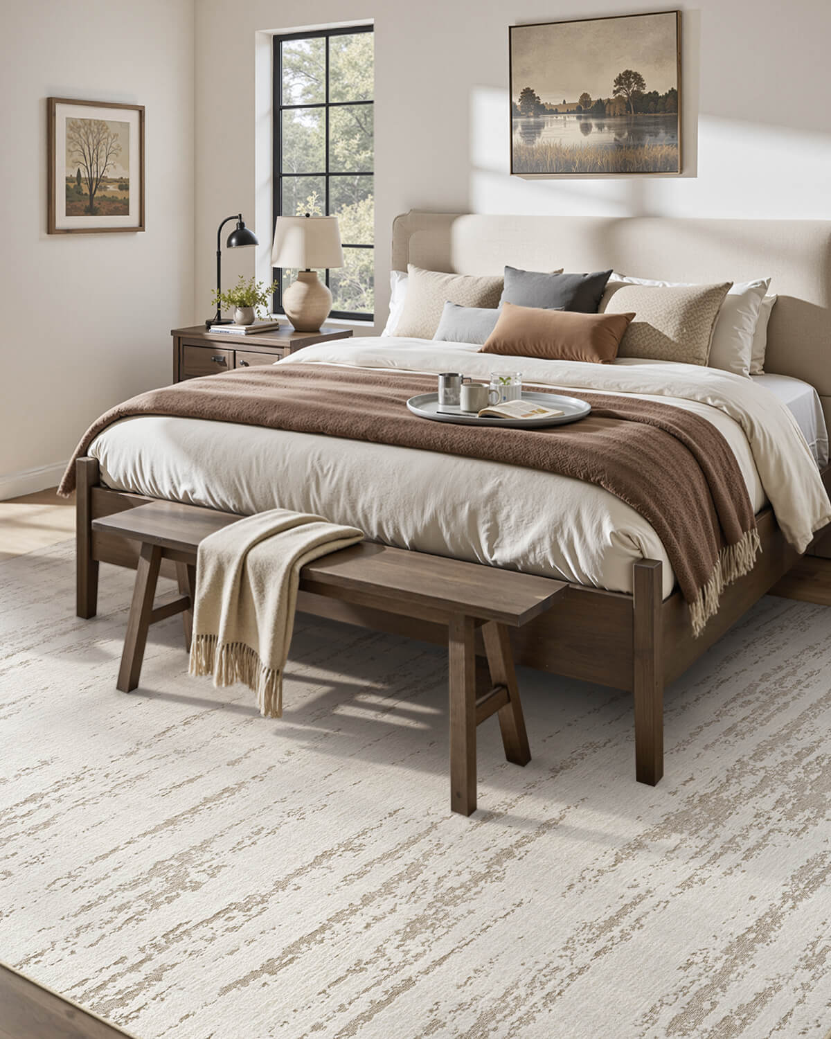 Abstract linear rug designed for modern family living spaces