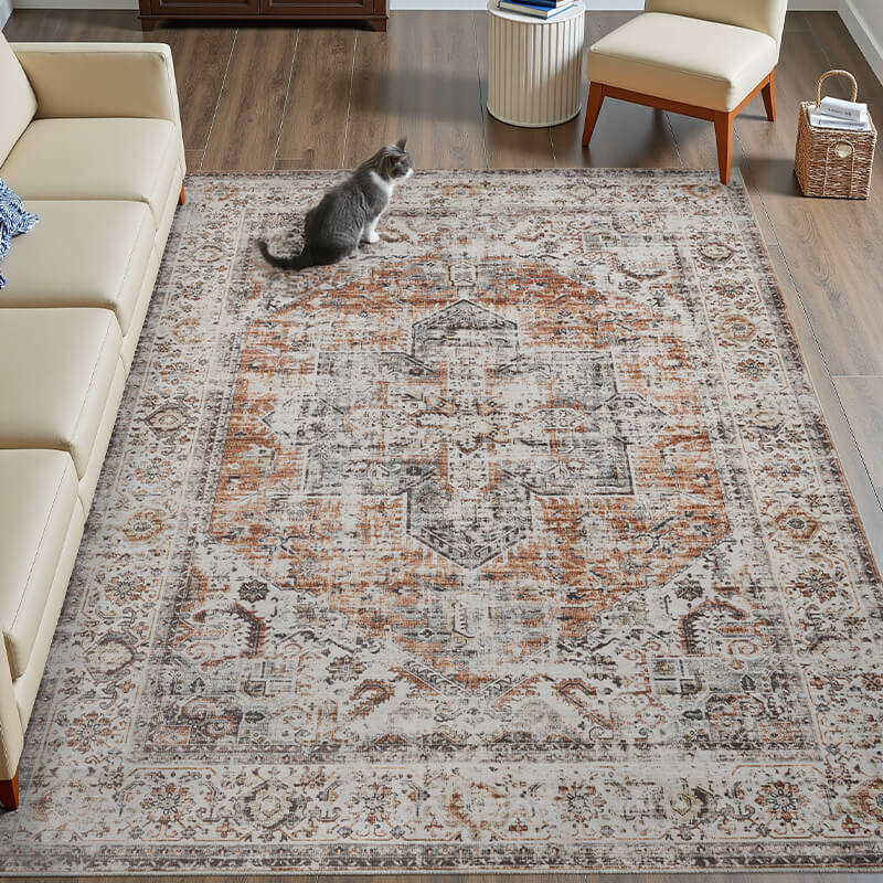 Easy-care boho area rug supporting daily routines