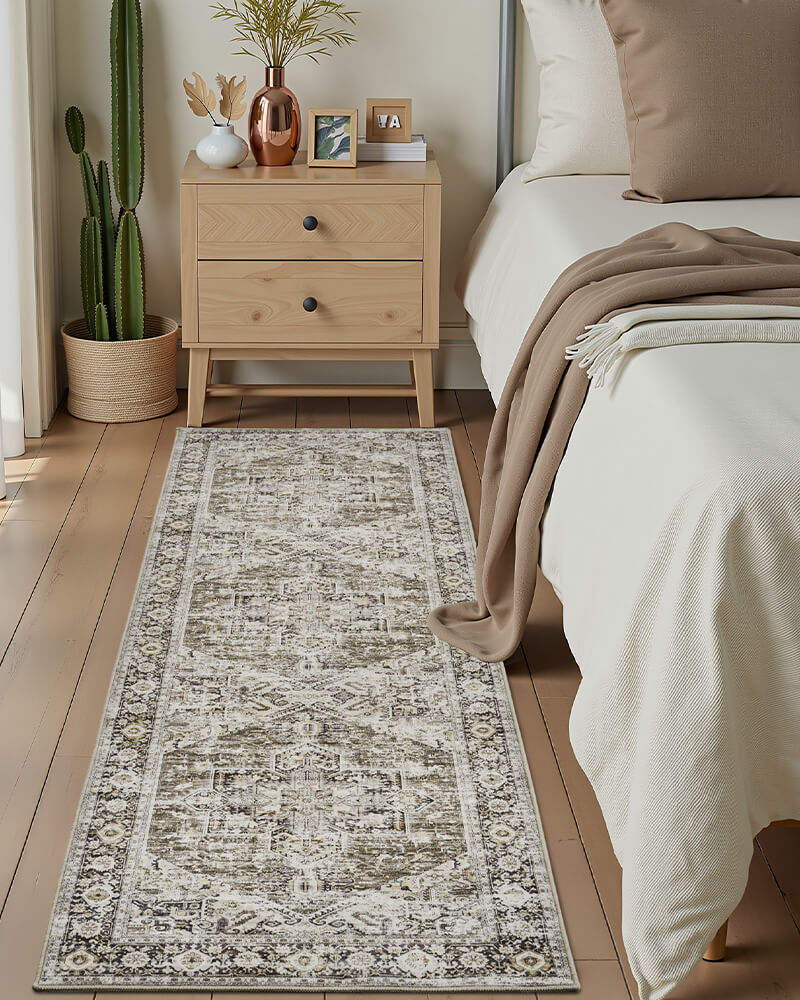 Boho inspired rug adding warmth without extra upkeep