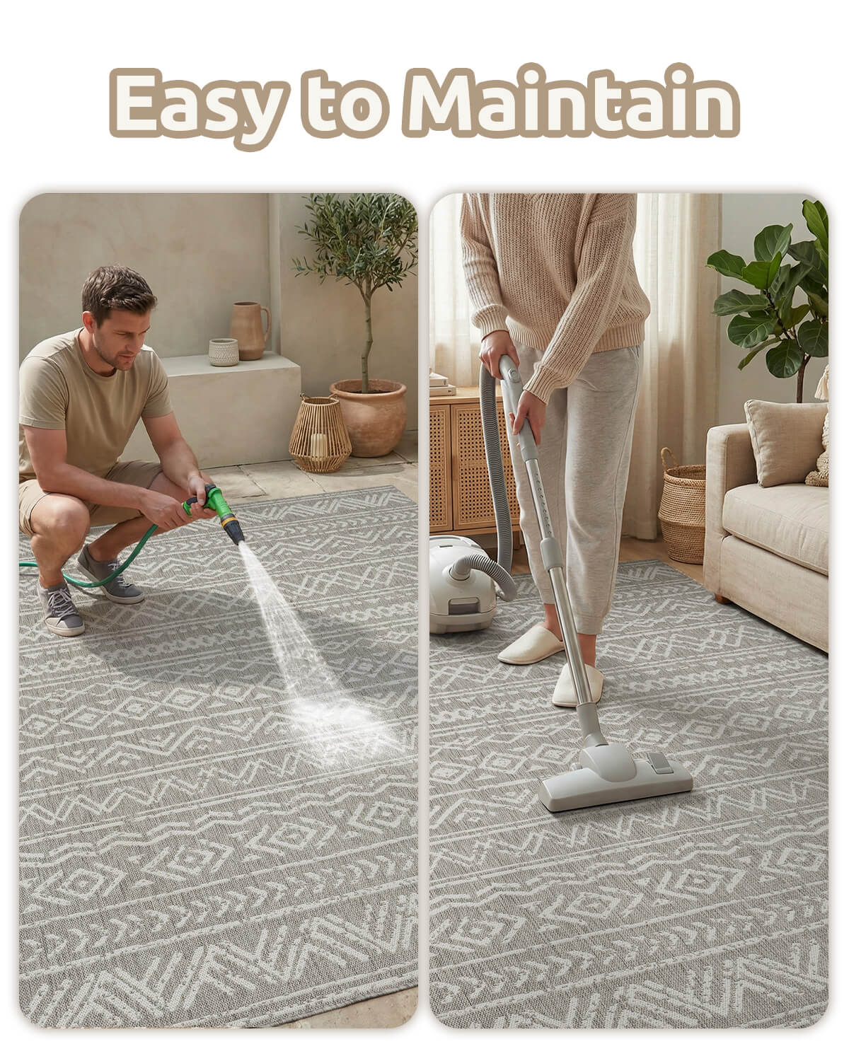Waterproof indoor outdoor rug made for porches balconies and family homes with easy care and soft comfort