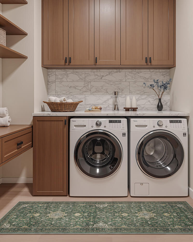 Vintage area rug crafted for layered interior styling