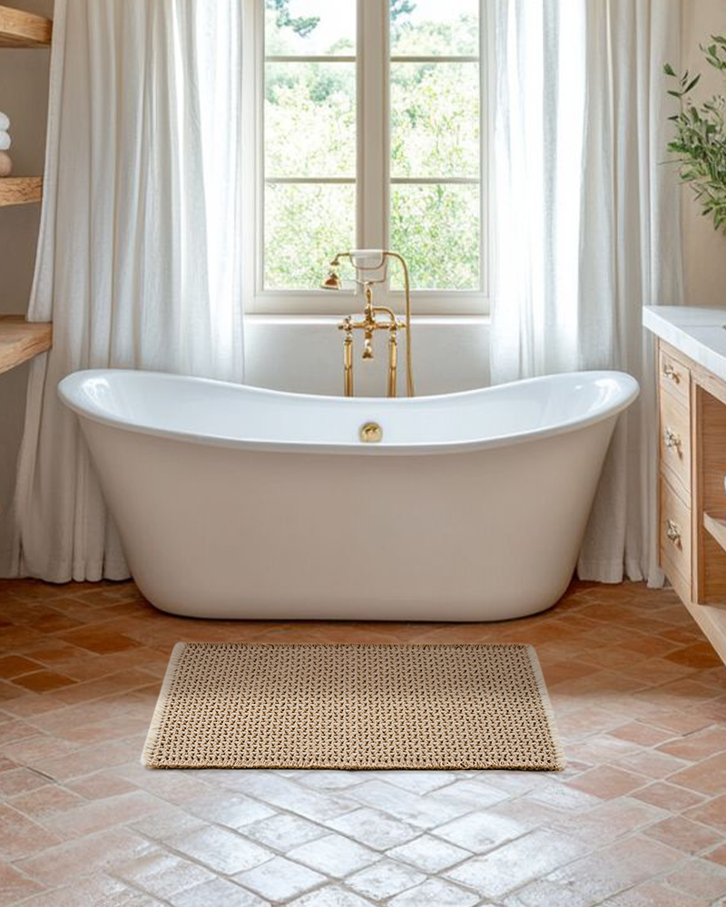Bath mat positioned at shower exit for comfortable family bathroom use