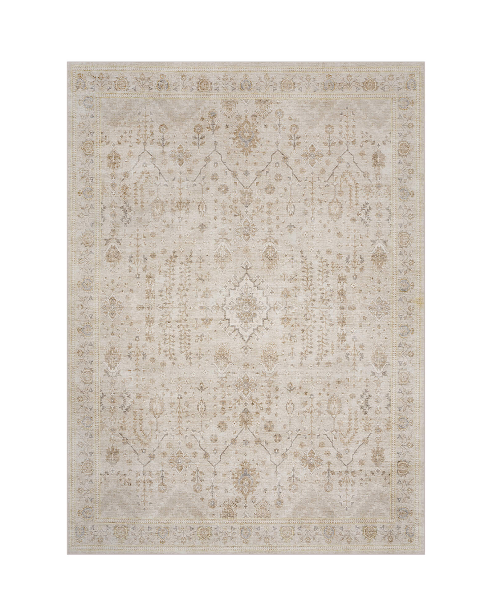 A beige neutral vintage washable area rug features a softly faded ornamental medallion, delicate border details, and a low-pile design for timeless bedroom, living room, and dining room decor.