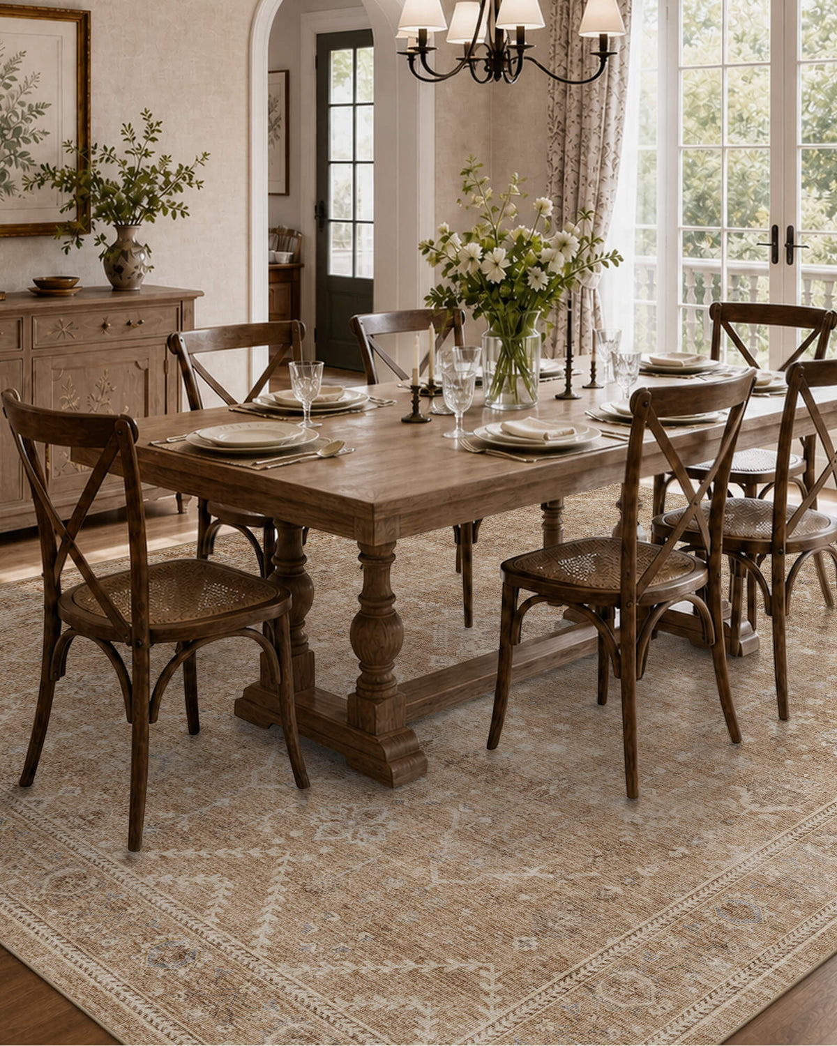 A beige vintage washable area rug with a softly distressed floral pattern and intricate ornamental border brings timeless charm to an elegant dining room with a rustic wood table, woven dining chairs, fresh flowers, and warm natural light.