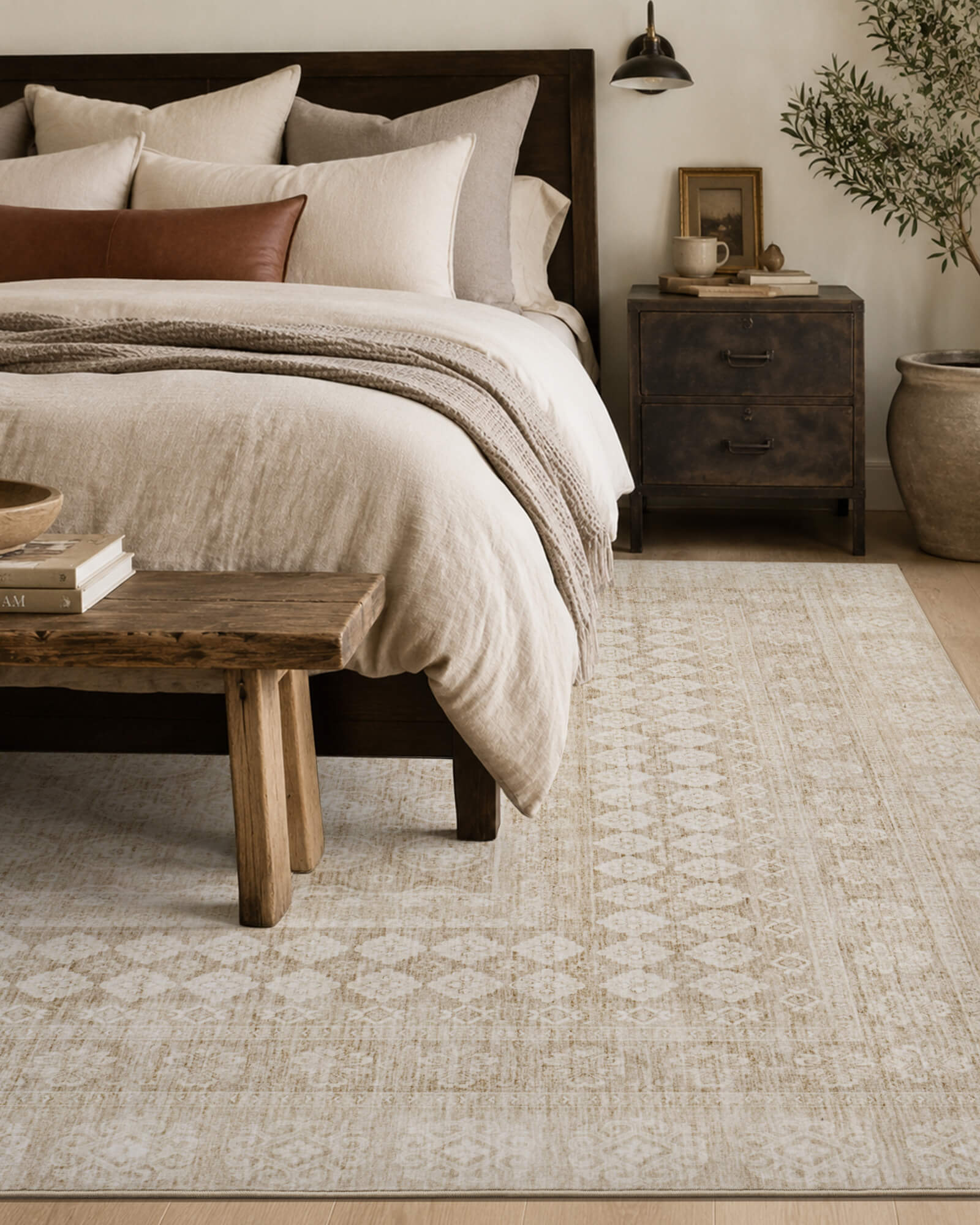 A beige vintage washable area rug adds soft distressed texture and easy-care style to a cozy bedroom with warm wood furniture, neutral bedding, and relaxed natural decor.