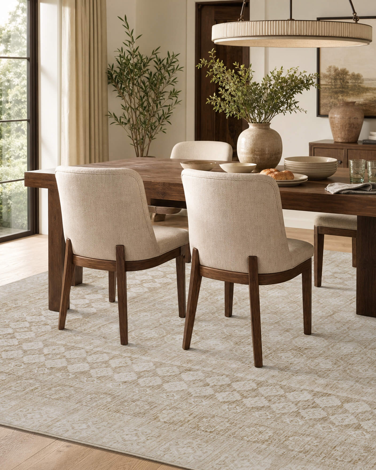 A beige vintage washable area rug adds soft distressed pattern and easy-care style under a wooden dining table, creating a warm foundation for everyday meals and cozy home gatherings.