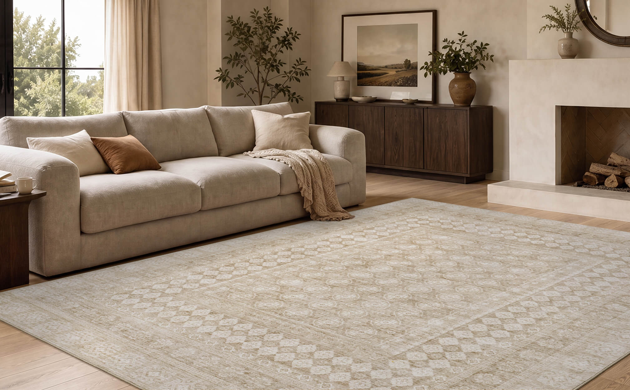 A beige vintage washable area rug adds soft distressed pattern and easy-care comfort to a warm living room with neutral seating, wood furniture, and cozy natural decor.