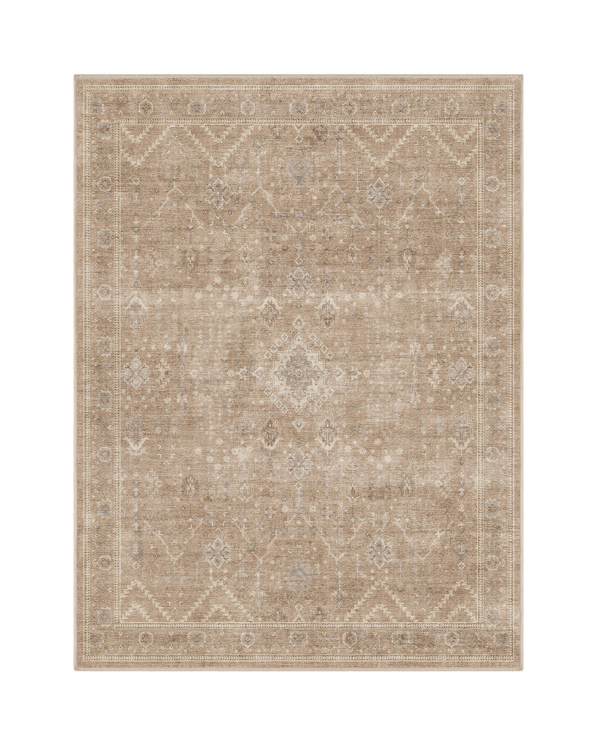 A beige vintage washable area rug features a softly faded central medallion, delicate floral motifs, an intricate ornamental border, and warm neutral tones, bringing timeless elegance to living rooms, bedrooms, dining rooms, and classic farmhouse interiors.