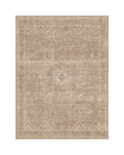 A beige vintage washable area rug features a softly faded central medallion, delicate floral motifs, an intricate ornamental border, and warm neutral tones, bringing timeless elegance to living rooms, bedrooms, dining rooms, and classic farmhouse interiors.