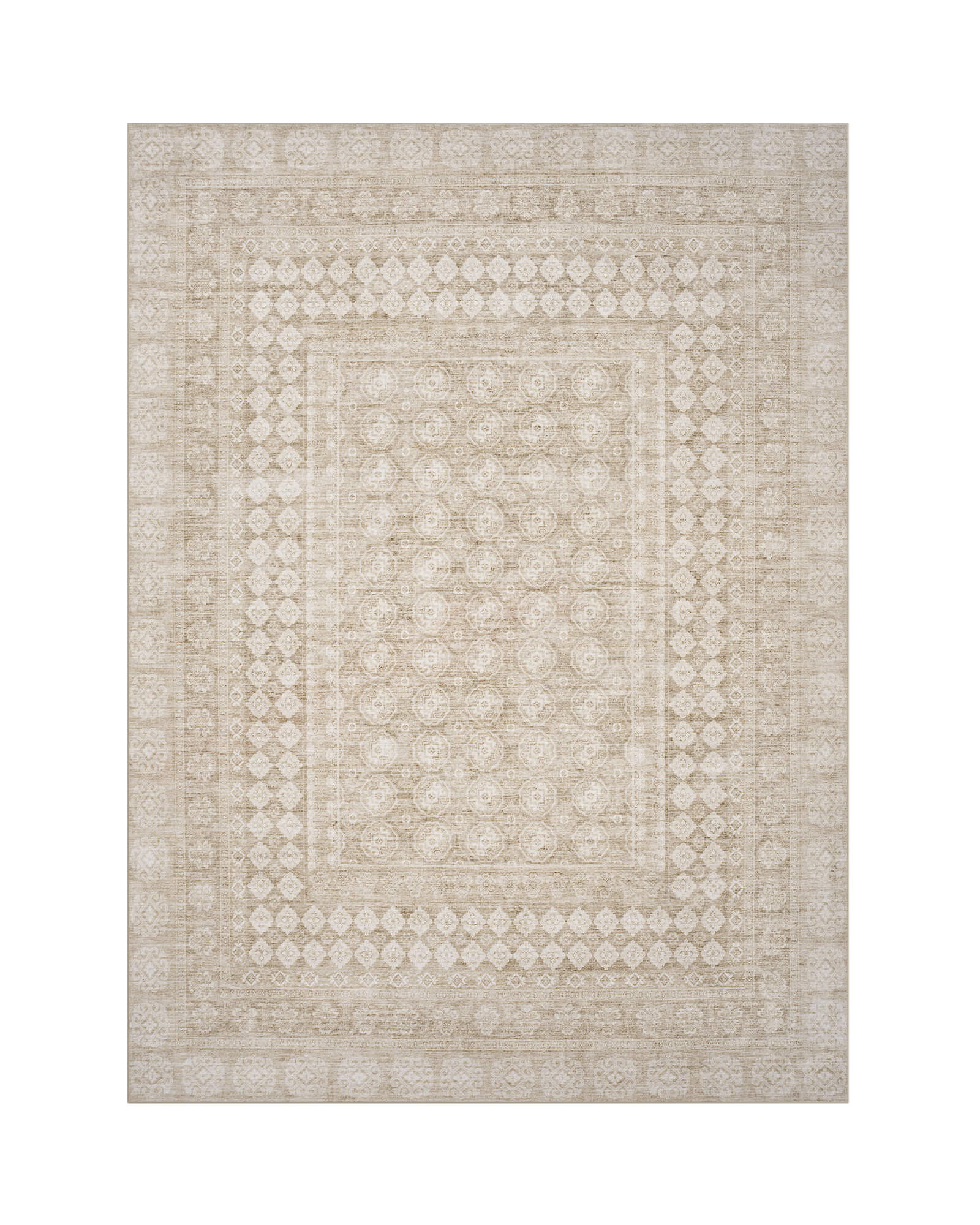A beige vintage washable area rug features a softly distressed medallion and border design, adding timeless easy-care style to living rooms, bedrooms, dining rooms, and cozy everyday spaces.