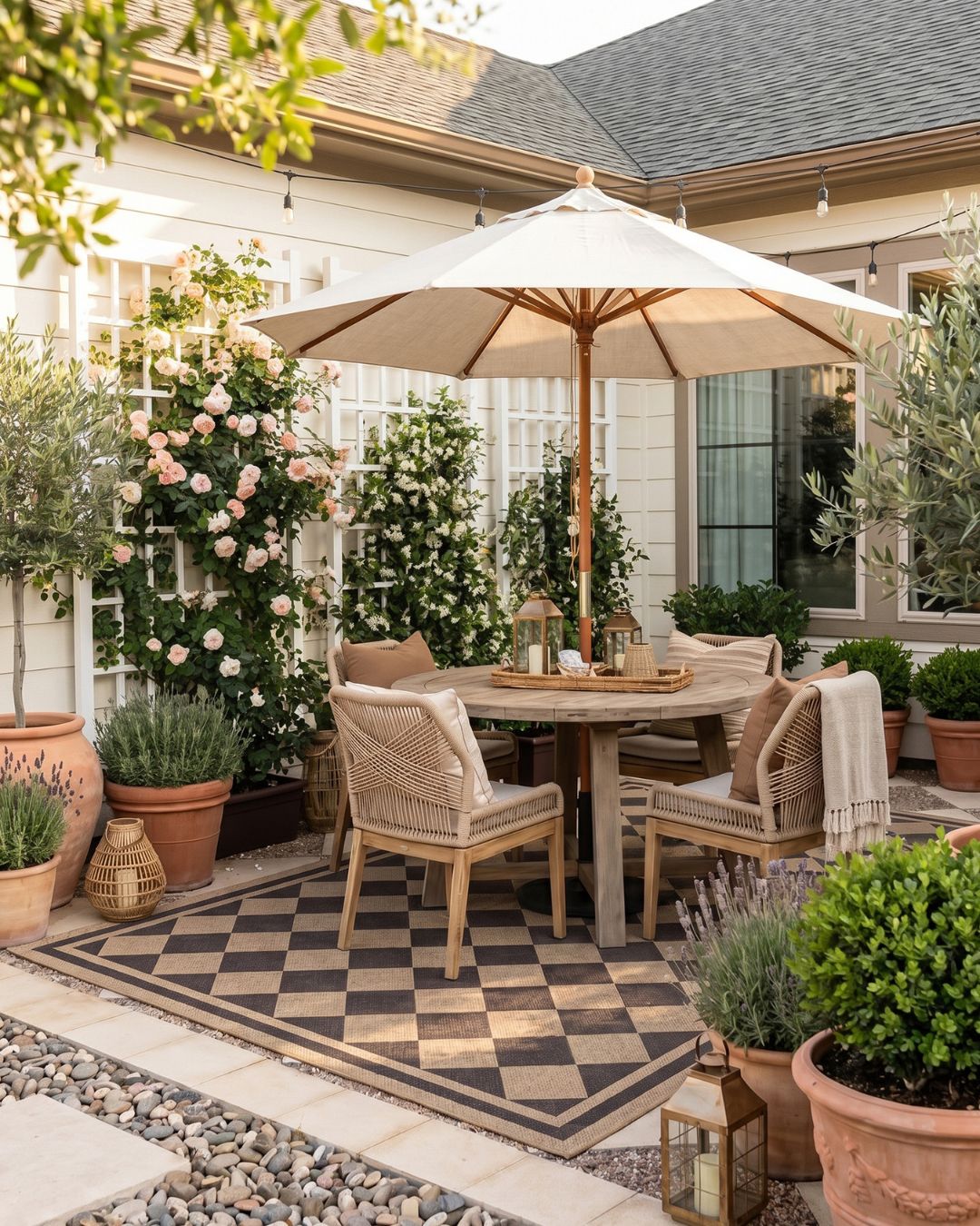 A black and beige outdoor area rug with a modern checkerboard geometric pattern creates a stylish patio space, featuring a durable design perfect for outdoor dining areas, decks, porches, and garden spaces.