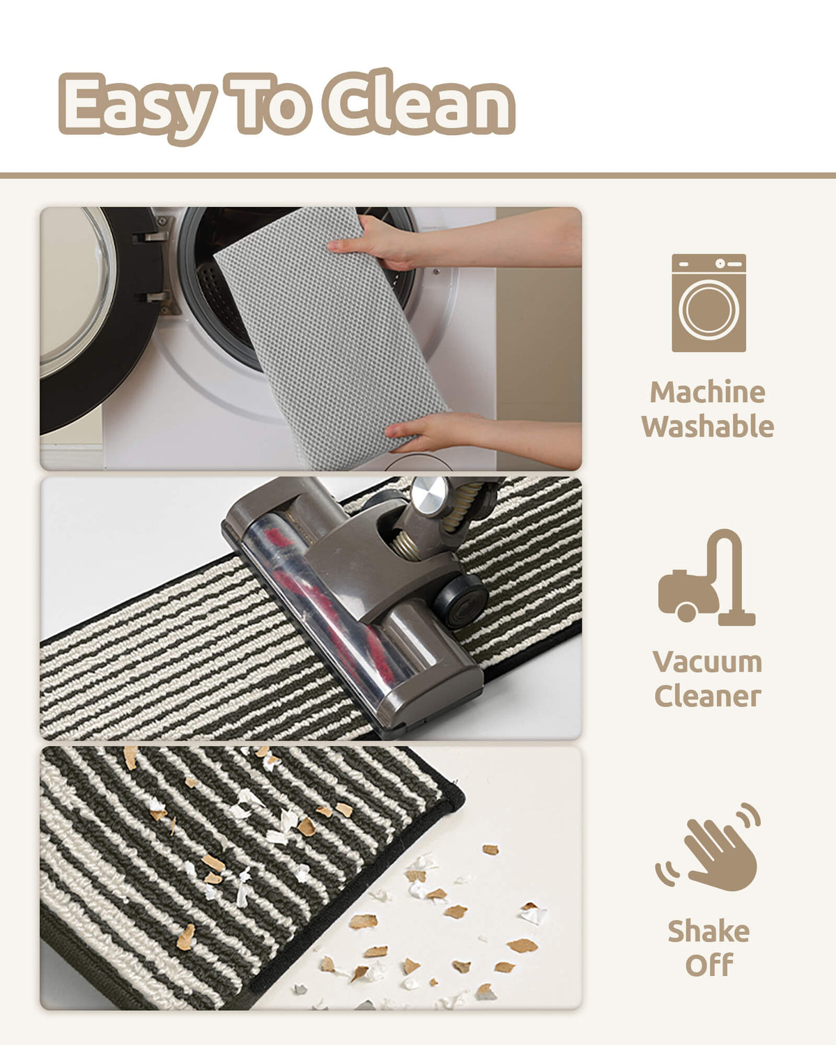 An easy-clean care guide for black and white striped non-slip stair treads demonstrates three convenient cleaning methods: machine washing, vacuuming dust and debris, and shaking off loose dirt. The textured woven surface offers practical, low-maintenance comfort for busy households with kids and pets.