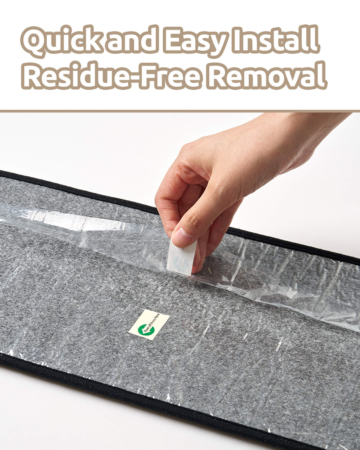 A close-up installation guide for black and white striped non-slip stair treads shows a hand peeling away the protective film from the gray backing, highlighting quick and easy installation, secure grip without additional adhesive tape, and residue-free removal for indoor wooden stairs.
