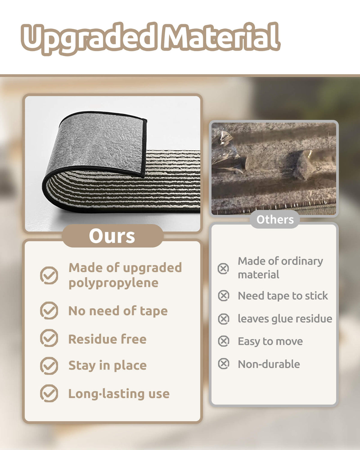 A comparison infographic highlights the upgraded polypropylene material of black and white striped stair treads, featuring a non-slip backing that stays in place without adhesive tape, leaves no sticky residue, and offers durable, long-lasting protection for indoor wooden stairs.
