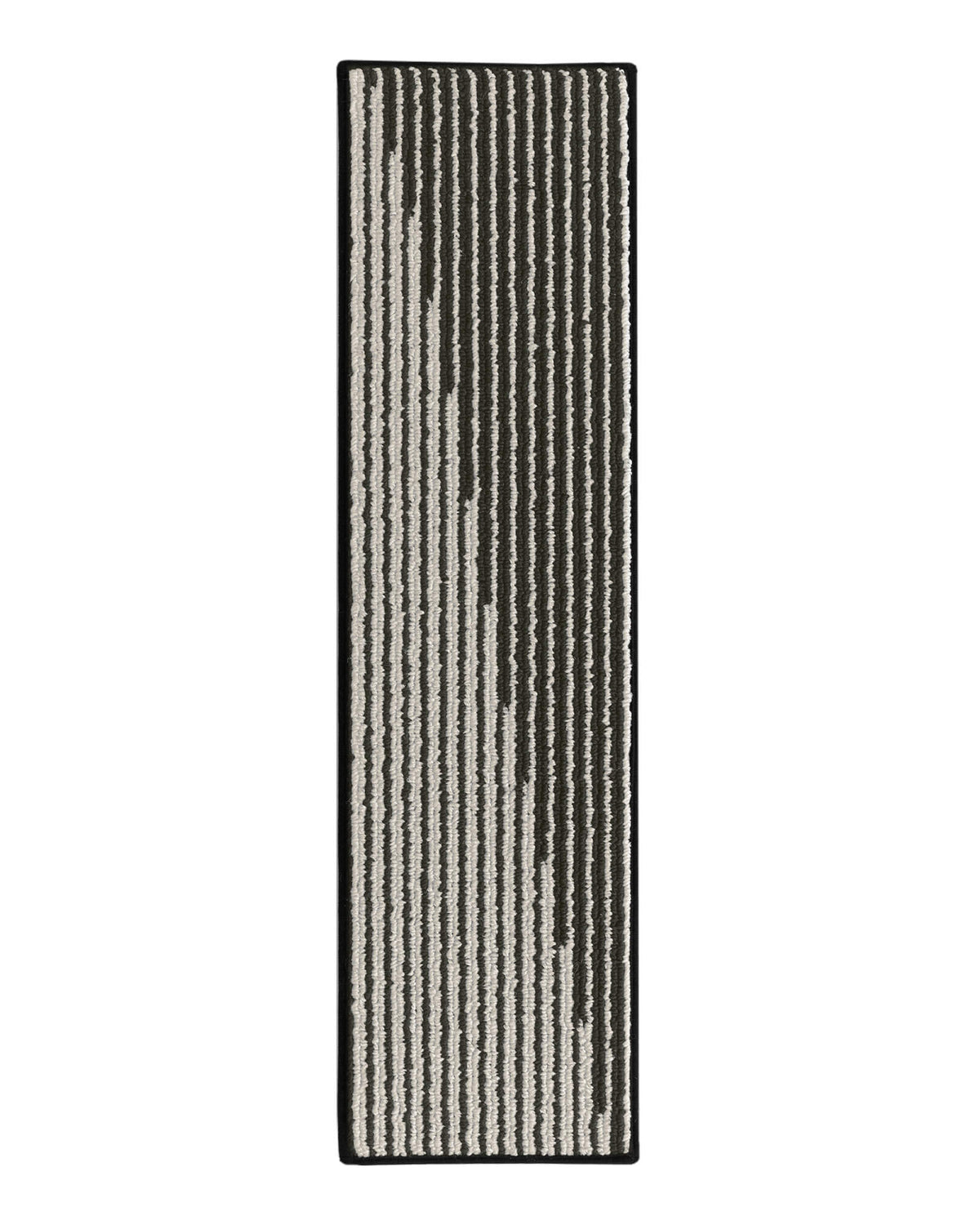 A black and white striped woven stair tread mat features a modern linear pattern, raised ribbed texture, and neatly bound edges, offering comfortable footing, practical stair protection, and timeless style for indoor wooden staircases.