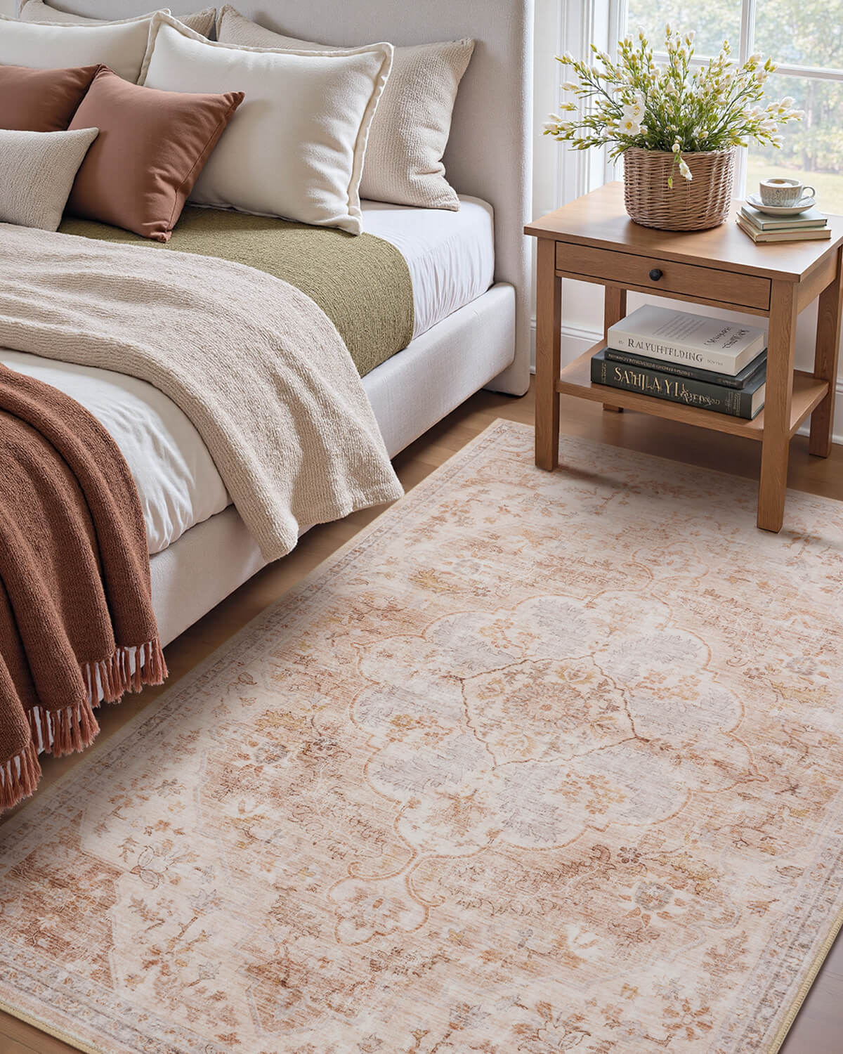 Easy care boho vintage area rug made for low maintenance modern homes