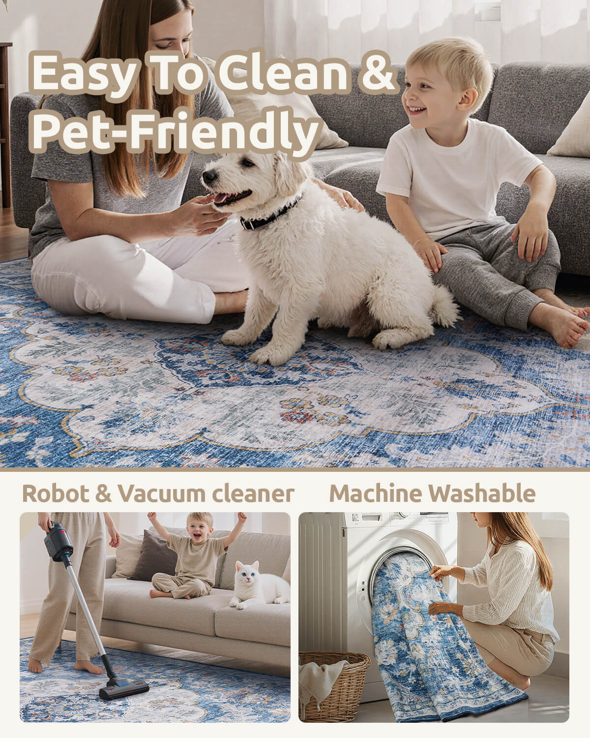 Soft vintage boho rug built to handle high traffic rooms with ease