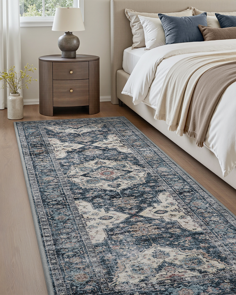 Easy care boho area rug with soft touch texture for relaxed home decor