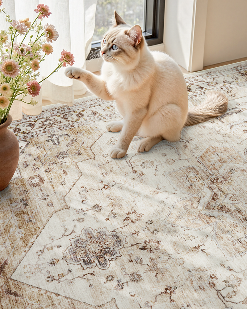 Family friendly boho area rug that is soft, washable, and practical, ideal  for home with pets and kids.
