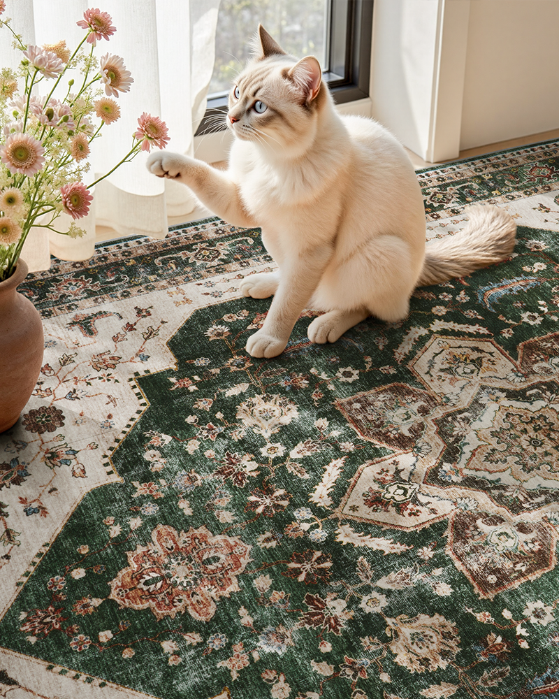 Non slip thin boho area rug built for high traffic homes. Pefect rug for dogs and cats, machine washable, non-slip.