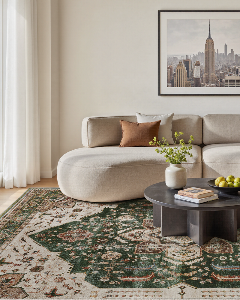 Soft touch washable boho area rug designed for comfortable family living, suitable for home with pets and kids.