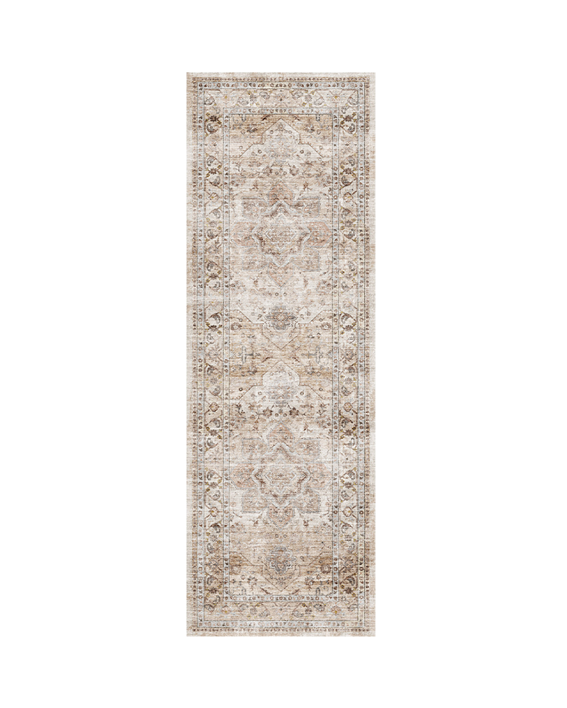Thin low profile boho area rug with secure non slip backing, machine washable fabric for easy clean experience.